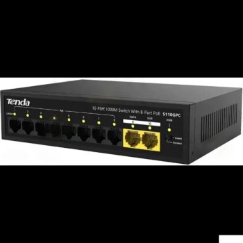 Коммутатор Tenda S110GPC неуправляемый PoE, 10 портов, 8x100 Мбит/с, 2х1 Гбит/с, PoE 8х30 Вт (до 80 Вт), настольный