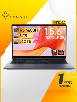 Ноутбук TANSHI M15C 15.6", AMD Ryzen 5 4600H, RAM 8 ГБ, SSD 512 ГБ, AMD Radeon Graphics, Linux, (M15C-R541UM), серый, Русская раскладка