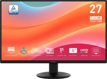 Монитор 27" MSI PRO MP272L IPS 920x1080, 100Гц, 1 мс (MPRT), 16:9, 250 Кд/м², HDMI 1.4b, DP 1.2a, 1300:1, 100M:1, 178/178, Tilt, 1y war-ty
