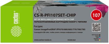 Комплект картриджей перезаправляемый Cactus CS-R-PFI107SET-CHIP набор 5шт.упак. для Canon imageProGRAF iPF670/680/685/770/780/785 с чипом