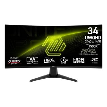 Монитор 34" MSI MAG 346CQ VA 3440x1440, 180 Гц, 1 мс, 21:9, 300 кд/м², 2xHDMI 2.0b, DP 1.4a, USB-C, 3.5 Jack, HDR Ready, Adaptive-Sync, изогнутый экра