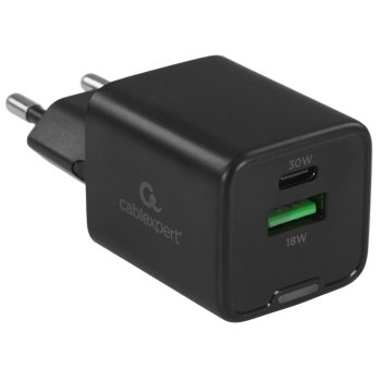 Зарядка USB-устройств Cablexpert MP3A-PC-64, 30Вт GaN, 3А, QC4.0/PD, 1xUSB, 1xType-C, черный, пакет