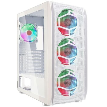 Корпус Ginzzu GL 390 боковая дверца закаленное стекло на петлях на магнитах, controller CRC10, 4* 12R6W FAN 12CM RGB Белый