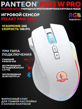 Мышь беспроводная гибридная Jet.A Panteon PS93 W PRO White (129) (RTL) (5000dpi, 8 кнопок, LED, 99г, кабель 1.7м, USB/2,4Ггц/Bluetooth 5.1)