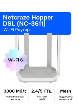 Маршрутизатор Netcraze Hopper DSL (NC-3611) Гигабитный интернет-центр с Mesh Wi-Fi 6 AX3000, 4-портовым Smart-коммутатором