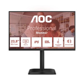 Монитор 23.8" AOC 24E4U IPS 1920x1080, 120 Гц, 4 мс, 16:9, 300 кд/м², HDMI 1.4, DP 1.2, VGA, USB-C, USB Hub (5x USB 3.2, вкл. USB-B), 3.5 Jack, динами
