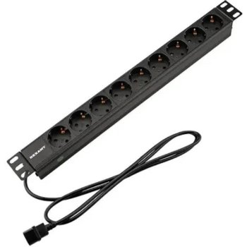 Блок распределения питания Rexant (04-0305-1) для 19" шкафов, горизонтальный, 9 розеток СЕЕ 7/4, 10A, без выкл, алюм корп, шнур 2м, вилка C14