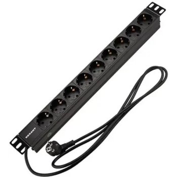 Блок распределения питания Rexant (04-0105-1) для 19" шкафов, горизонтальный, 9 розеток СЕЕ 7/4, 16A, без выкл, алюм корп, шнур 2м, вилка СЕЕ 7/7