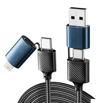 Кабель Rexant (18-7094) 4в1 USB-A, Type-C, Type-C, Lightning 65Вт, 1м, в черной нейлоновой оплетке