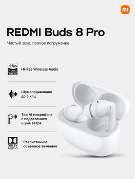 Наушники с микрофоном Xiaomi REDMI Buds 8 Pro беспроводные внутриканальные, облачно-белые