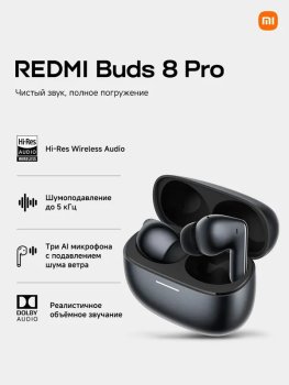 Наушники с микрофоном Xiaomi REDMI Buds 8 Pro беспроводные внутриканальные, обсидианово-черные