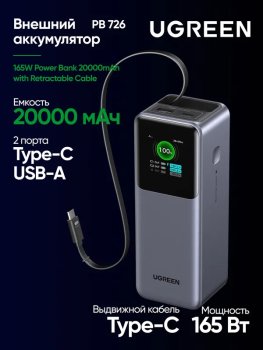 Портативный аккумулятор Ugreen PB726 20000 mah , серый, с выдвижным кабелем, 55987B
