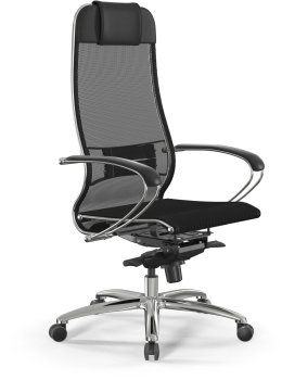 Кресло руководителя Метта Samurai S-1 сиденье черный сетка/кожа с подголов. Крестовина. алюминий хром