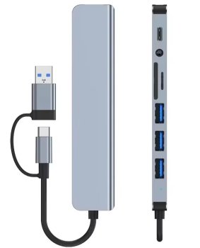 Док-станция для ноутбука 8 in 1 Type-C/A [USB 3.0 x 1, USB 2.0 Type-A х 3, USB-C, 3.5 mm mJack, кард-ридер microSD, SD, кабель - 13 см, корпус серый A