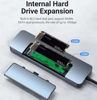 Док-станция для ноутбука USB-C + M2 NVME/Sata box 8 in 1 (HDMI 4K60Hz, USB 3.0 10Gbps, USB-C 10 Gbps, microSDXC, SDXC, PD 3.0 100W, RJ45 1000M, Alum)