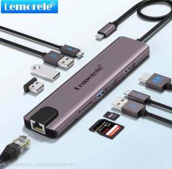 Док-станция для ноутбука Lemorele TC-93 USB-C 10 in 1 (HDMI 4K30Hz, 2xUSB 2.0, 2xUSB 3.0 5Gbps, USB-C 5 Gbps, microSD, SD, PD 3.0 100W, RJ45 1000M, 20