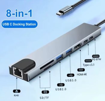 Док-станция для ноутбука USB-C 8 in 1 (HDMI 4K30Hz, USB 2.0, USB 3.0 5Gbps, USB-C 5 Gbps, microSD, SD, PD 3.0 87W, RJ45 100M, 15см)