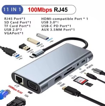 Док-станция для ноутбука USB-C 11 in 1 (HDMI 4K30Hz, VGA, 3xUSB 2.0, 1xUSB 3.0 5Gbps, miniJack 3.5mm, microSD, SD, PD 3.0 87W, RJ45 100M, 15см)