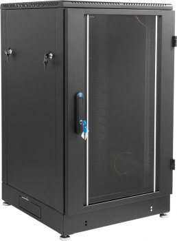 Шкаф коммутационный ЦМО (ШТК-М-24.6.8-1ААА-9005) напольный 24U 600x800мм пер.дв.стекл 2 бок.пан. задн.дв.стал.лист направл.под закл.гайки 600кг черный