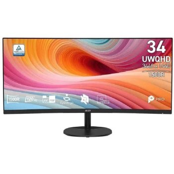 Монитор MSI 34" PRO MP341CQ E12 1500R, 21:9, VA, UWQHD, 1/4ms, 300cd, 120Hz, HDMI, DP, SPK